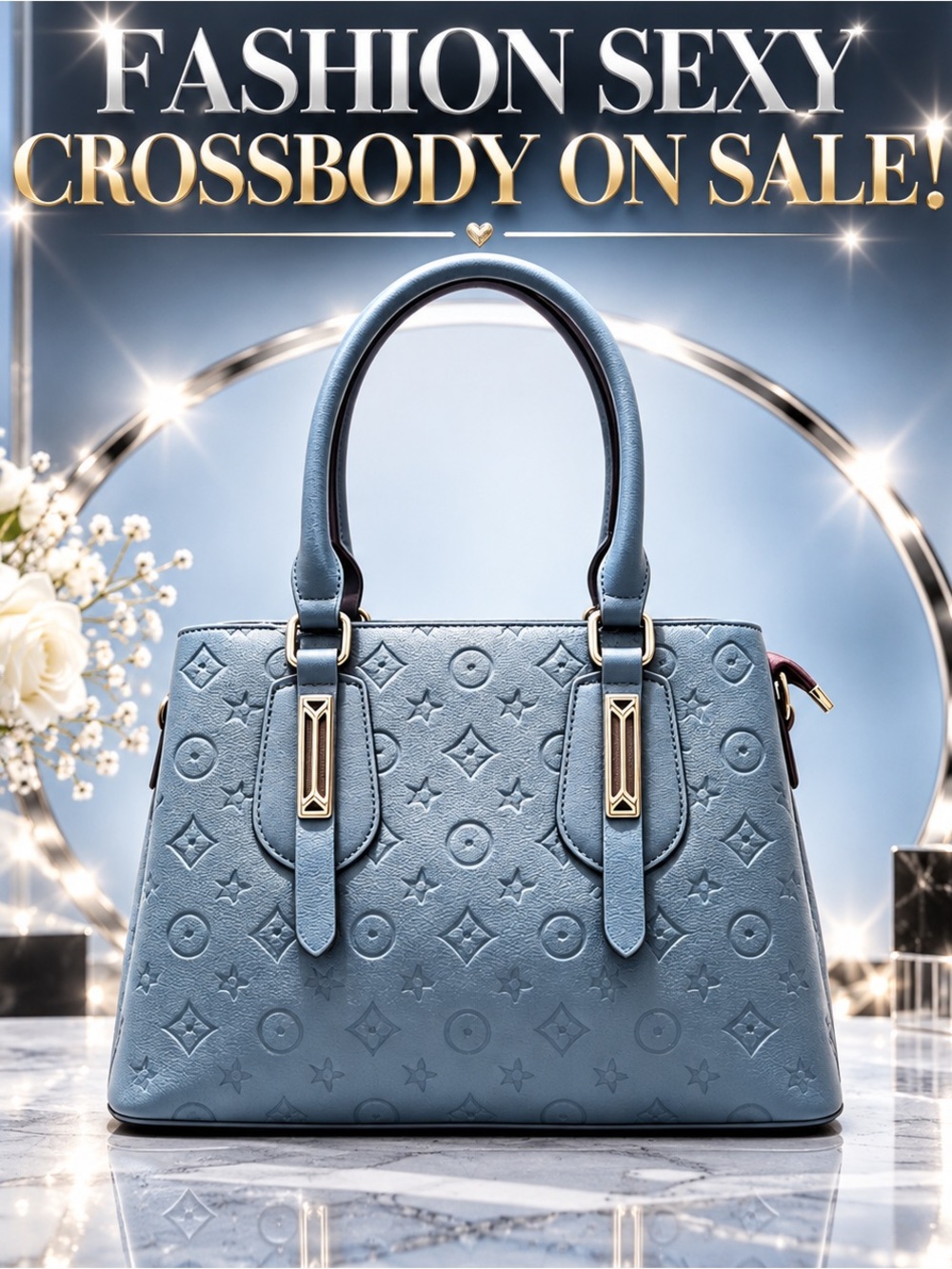 Elegant Blue Embossed Tote Handbag - Designer-Inspired